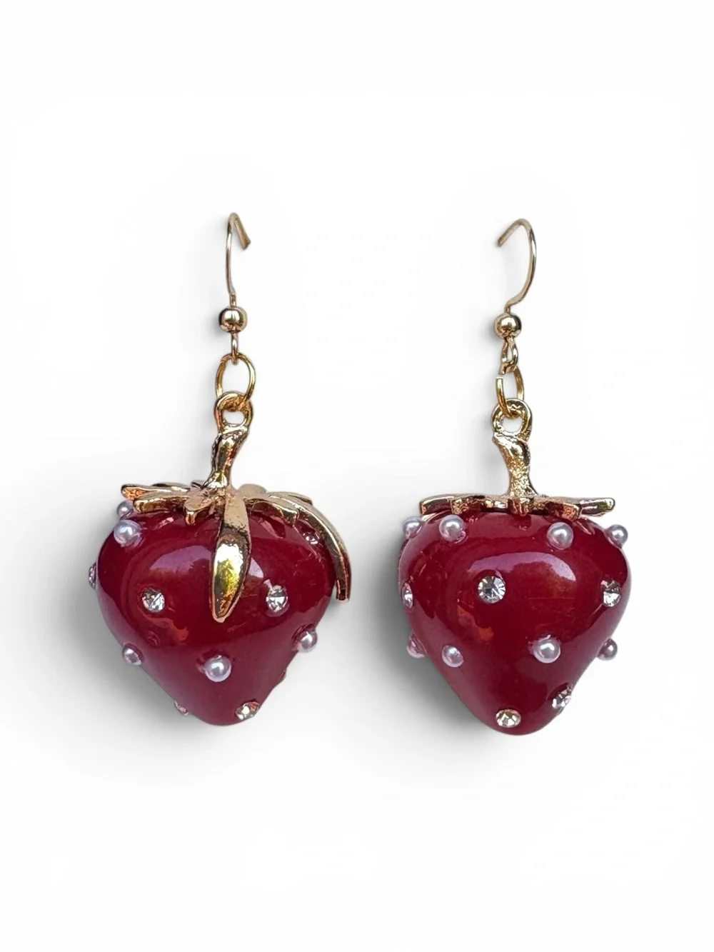 Red Strawberry Earrings With Rhinestones and Faux Pearls Shepherd Hook